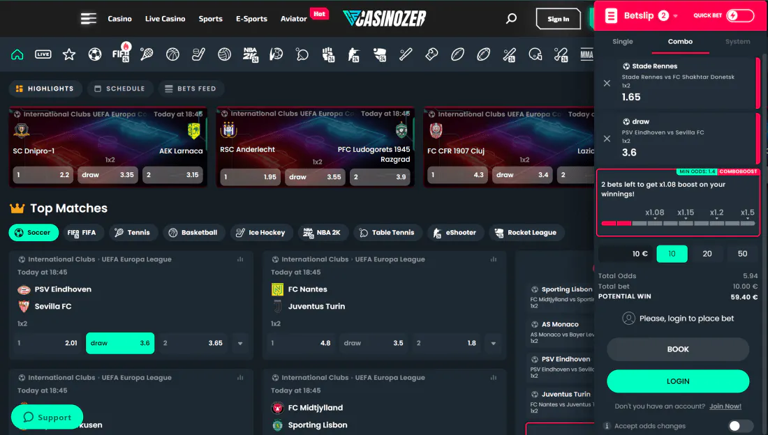 Interface du Casinozer